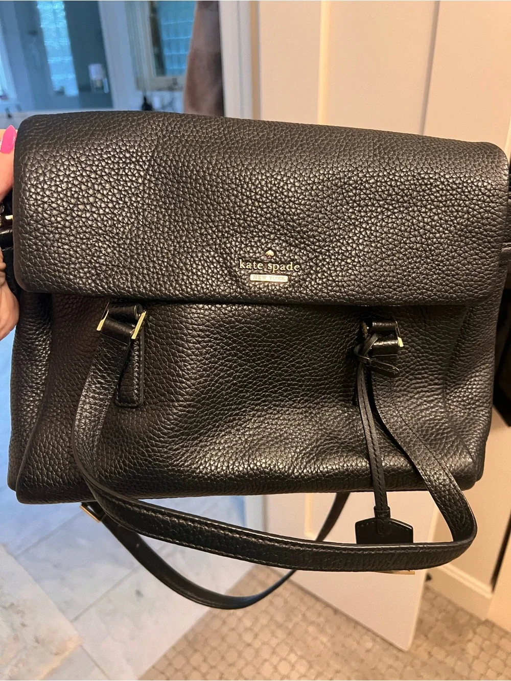 kate spade Black Pebbled Leather Flap Shoulder Bag with Gold Logo